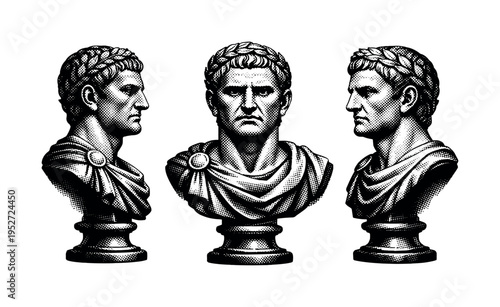 Roman emperor bust ? A Roman emperor bust represented as the same object in three views, highlighting authoritative facial features, stylized hair, and formal