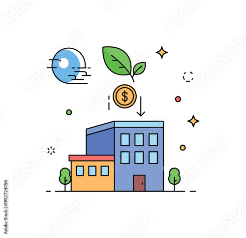 Climate focused venture capital small startup building with leaf icon receiving coin investment from above, subtle star accents indicating innovation. A modern