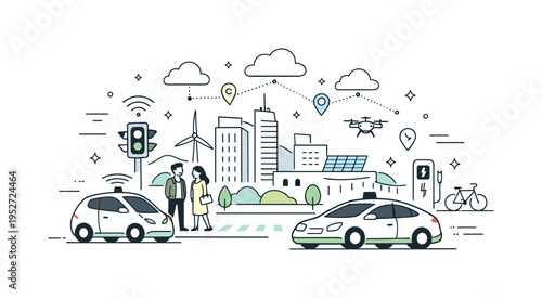 Future mobility ecosystem. Autonomous cars integrated with smart city elements like signals, buildings, and data clouds. A calm, optimistic scene about