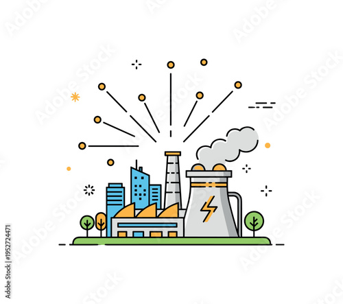 Future clean power facility illustration showing a stylized plant integrated with a small city skyline and energy lines radiating outward symbolizing