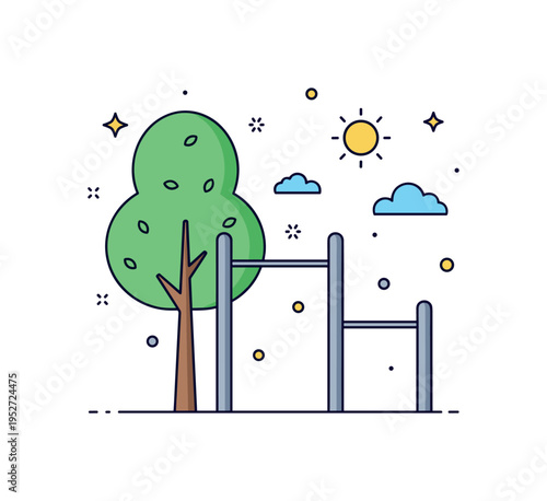 Outdoor park pull up bar simple metal bar structure set against minimal tree silhouette and sun accent, expressing fresh air workouts and active lifestyle. A