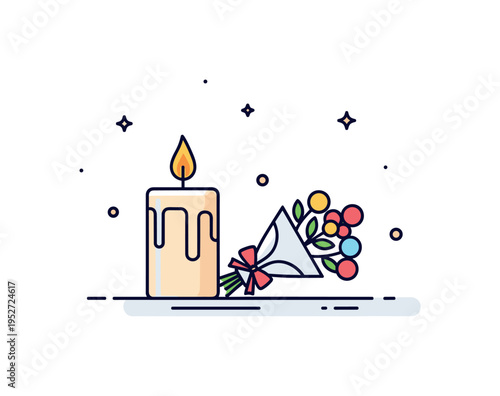 Memorial tribute scene featuring a single lit candle beside a small bouquet expressing quiet mourning and honor. Gentle glow details and balanced spacing