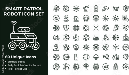 Smart patrol robot line icon set with autonomous security monitoring surveillance sensors and guard technology symbols