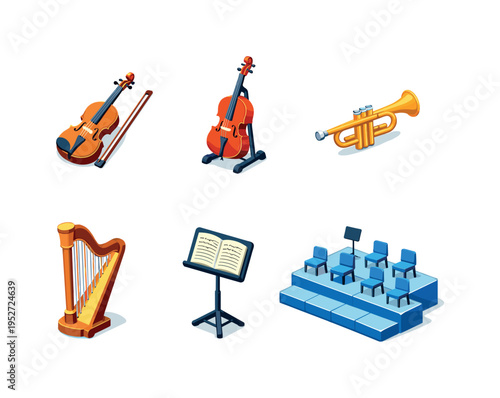 Winter Orchestra. Isometric flat vector icons set of Winter Orchestra: violin with bow, cello on floor stand, brass trumpet, concert harp, conductor music