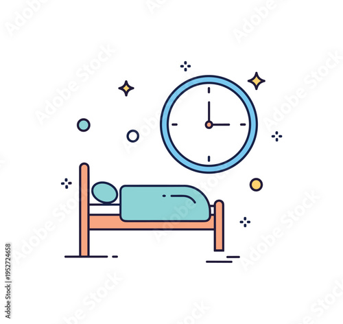 Consistent sleep schedule concept featuring a bed icon aligned with a circular clock symbol, representing regular bedtime and wake up routine. The compact