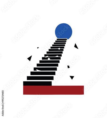 Black and white staircase inside an abandoned home leading upward into blank space, bold cobalt blue circle at the top like an unknown void, deep red