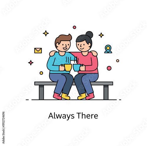 Friends genuine connection between two simplified figures sitting close together on a small bench, sharing a cup and smiling, expressing trust and everyday