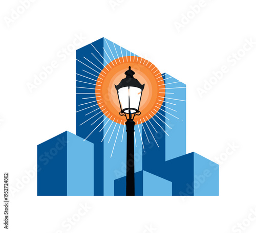 Black and white vintage streetlight as focal point, bright orange circle glowing behind it, sharp blue angular blocks representing buildings, thin radiating