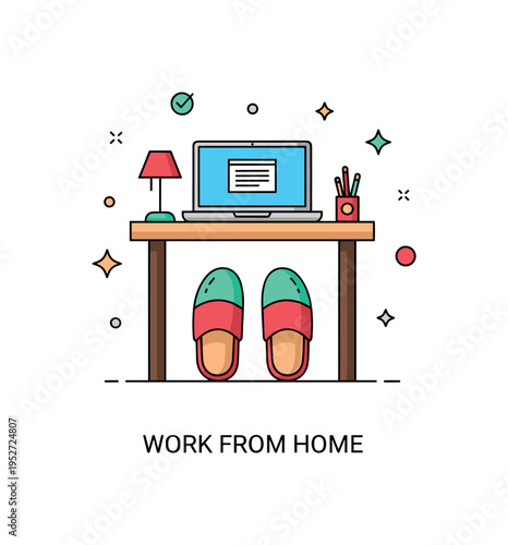 Putting on slippers home office lifestyle illustrated by cozy slippers placed under a small desk with laptop icon above, symbolizing casual productivity and