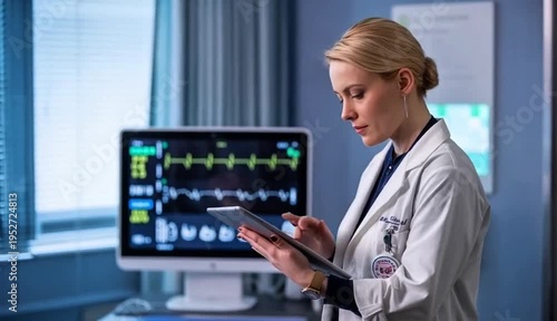 A focused female doctor uses a digital tablet while reviewing patient data on a medical monitor.