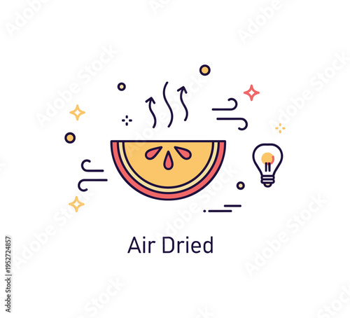 Dry food preservation idea visualized through a simple fruit slice with small airflow arrows around it. A compact ?Air Dried? text accent highlights natural