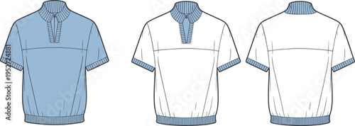 Blue and white short sleeve collared shirts with button placket and elasticated hem presented from front and back
