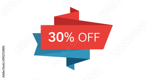 A vibrant red and blue ribbon banner displaying "30% OFF" in white text, symbolizing a discount or promotional offer.