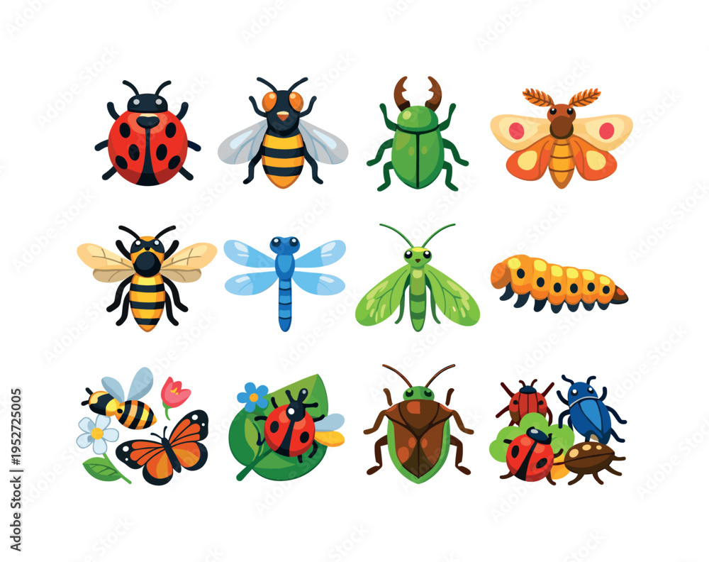 Fototapeta premium Garden insects. Colorful flat vector icons set of garden insects: ladybug, hoverfly, beetle, moth, wasp, dragonfly, lacewing, insect larva, pollinator mix,