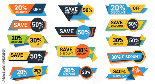Collection of colorful modern discount and sale banners with various percentage offers for promotions.