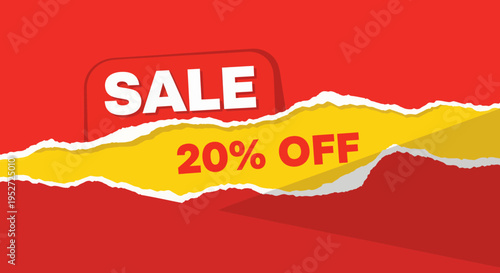 Red and yellow torn paper background with a "SALE" tag and "20% OFF" text, indicating a discount promotion.
