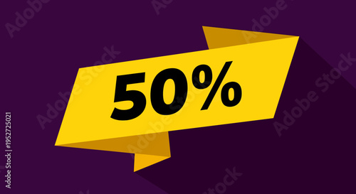 Bright yellow banner with 50% discount text on a dark purple background, indicating a sale or promotion.