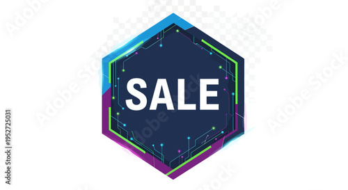 Modern digital sale badge with glowing neon circuit board design on a white background.