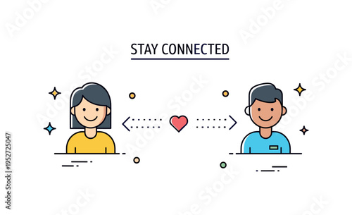 Friends long distance communication scene featuring two smiling avatars connected by a dotted line and a small heart between them, representing staying close