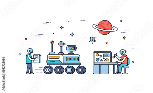 A rover exploring a distant planet with scientists analyzing samples remotely, illustrating innovation, curiosity, and contributions to planetary science.