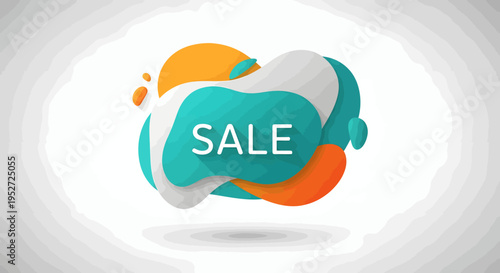 A modern abstract fluid "SALE" banner with organic teal, orange, and white shapes, casting a shadow on a white background.