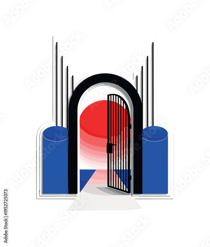 Black and white arched garden gate opening onto a narrow path, bold red semicircle glowing behind the gate, cobalt blue cylindrical shapes suggesting bushes on