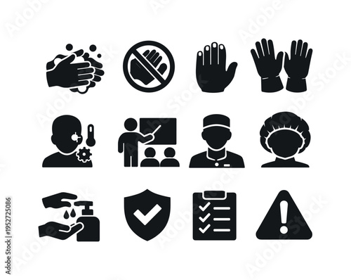 Personal Hygiene Rules. Solid icon set of Personal Hygiene Rules: wash hands icon, no jewelry hands, short nails, glove use, no sick staff, hygiene training,
