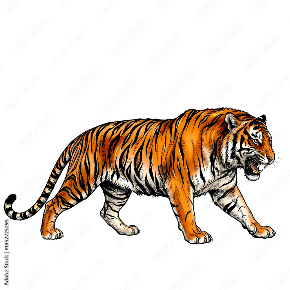 Fototapeta premium A fierce tiger walking aggressively on a Transparent background
