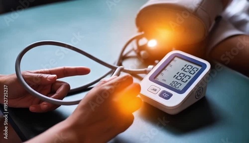 A person uses a digital blood pressure monitor to check their health at home.