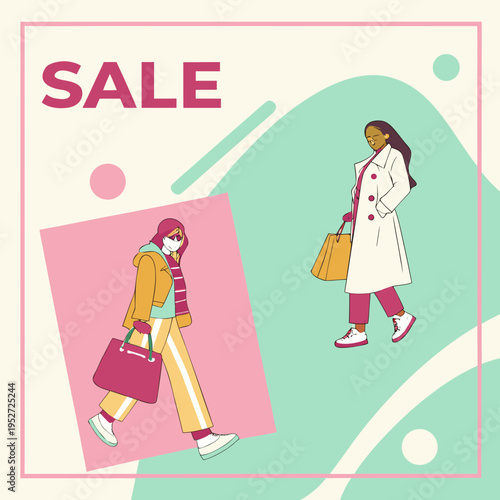 Fashion sale banner featuring two stylish women walking with shopping bags in seasonal outfits against abstract pastel geometric vector background