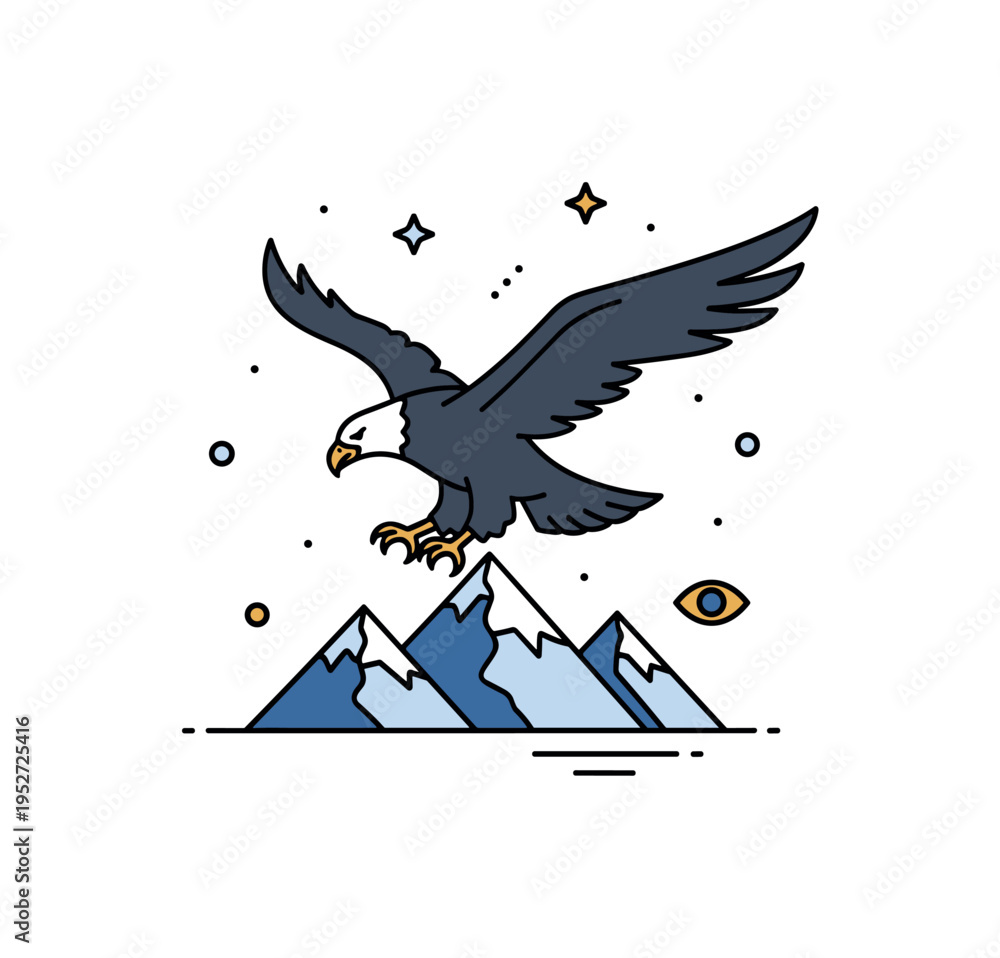 Fototapeta premium Eagle glide powerful eagle silhouette with strong wing span positioned above simplified mountain peaks. A modern concept badge about strength, vision, and high