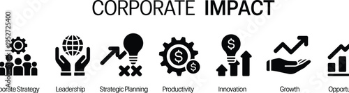 Corporate impact icons set, business strategy leadership innovation growth symbols, productivity planning finance success, modern flat vector illustration collection design