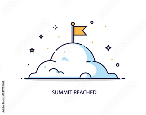 Snow mound scene showing a soft rounded pile of snow with a small flag planted on top symbolizing achievement. Tiny sparkle accents and a short ?Summit