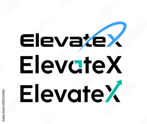 Three distinct logo designs for ElevateX, featuring a blue swoosh, a pixelated element, and an upward-pointing teal arrow, showcasing brand identity variations.