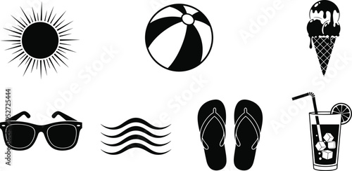 Summer vacation silhouette set with sun, beach ball, ice cream, sunglasses, flip flops and drink isolated on white background, travel, holiday, leisure concept