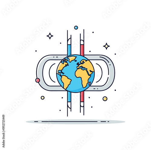 Magnetic field of the Earth visualized by a globe surrounded by smooth curved lines forming a protective magnetic shield. The scene communicates planetary