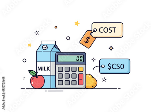Smart grocery shopping illustrated through a calculator icon paired with a milk carton and fruit, alongside two minimal price labels to symbolize