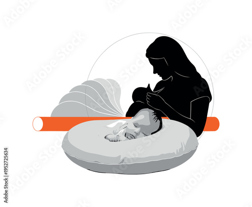 black and white intimate portrait of baby resting peacefully on nursing pillow, mother?s silhouette partially visible behind, soft abstract waves and