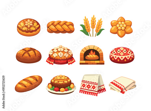 TraditionalBread. Colorful flat vector icons set of TraditionalBread: round folk bread, decorative dough braids, wheat ears, floral dough shapes, baked bread