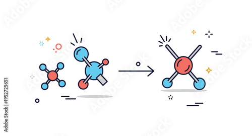Initial stage of chemical reaction showing separate molecular icons positioned on the left side of a reaction arrow. Clean geometric bonds and tiny spark