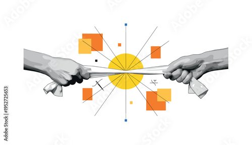 Black and white hands pulling fabric taut from opposite sides, yellow circle centered behind tension point, orange geometric blocks balancing composition, thin
