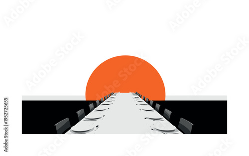 Monochrome long banquet table extending into perspective, bold orange half-circle behind like warm sunset, thin horizontal baseline grounding the arrangement,