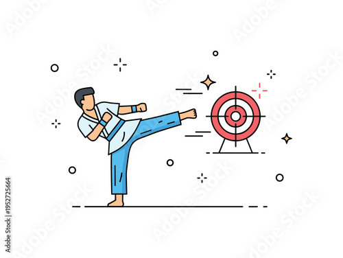 Martial arts motivation concept showing a practitioner performing a powerful side kick toward a minimal target icon with subtle spark accents, symbolizing