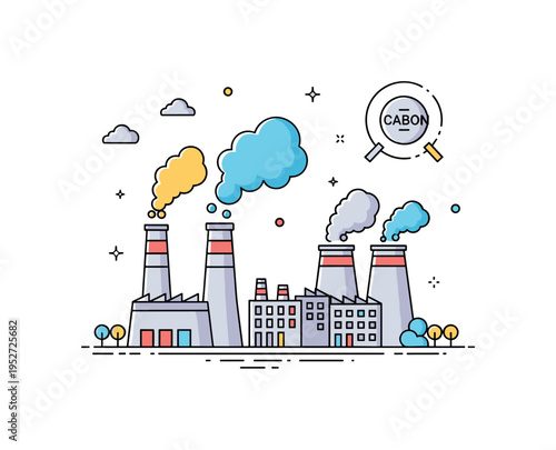 Carbon emissions growth with energy plants emitting colorful fumes into the atmosphere above a simplified city, highlighting industrial activity and pollution