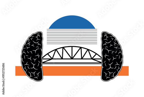 Black and white two hemispheres separated slightly with abstract geometric bridge between them, bold orange horizontal stripe grounding composition, blue