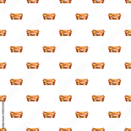 Repeating pattern of small gift hampers on a white background