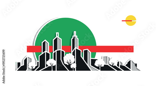 Black and white urban park skyline with trees integrated into geometric floodwall shapes, bold green dominant circle behind skyline, sharp red horizontal bar