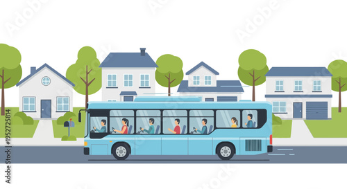 Blue passenger bus driving on suburban street with houses and trees