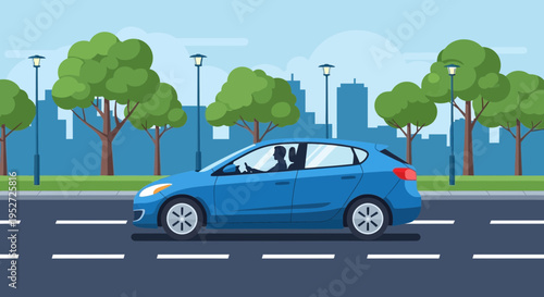Blue Hatchback Car Driving on City Street with Trees and Buildings in Background