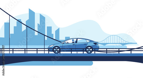 Blue Electric Car Driving on a Bridge with City Skyline Background